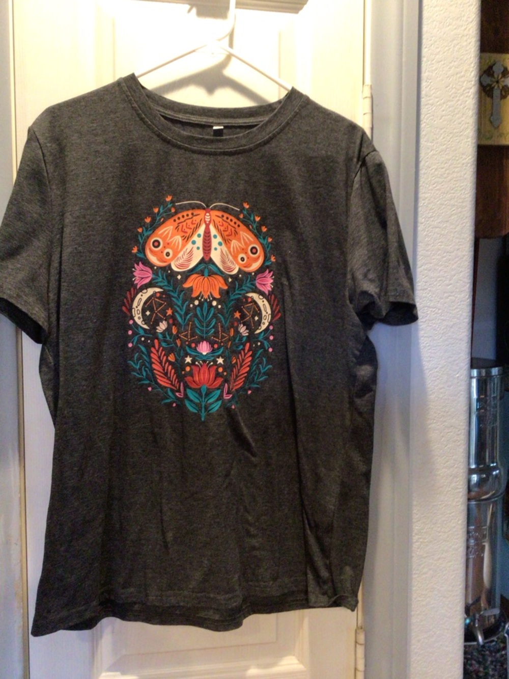Charcoal Graphic Tee with Colorful Floral Moth Print